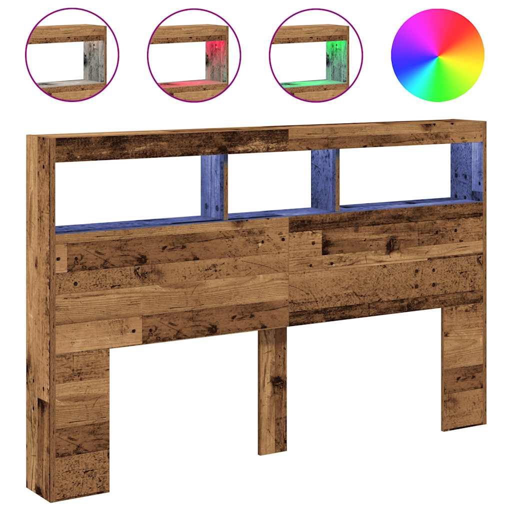vidaXL Zagłówek z półkami i LED, stare drewno, 160x17x102 cm