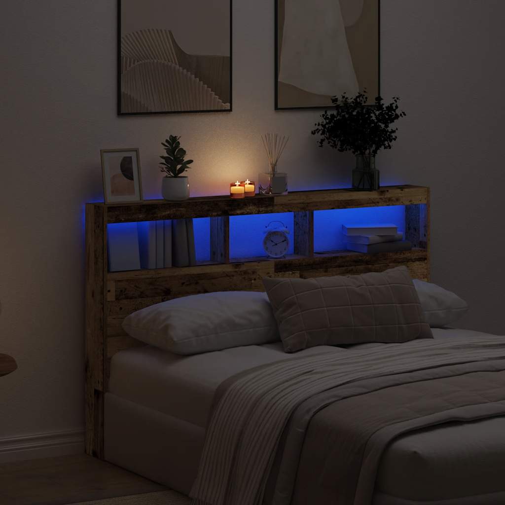 vidaXL Zagłówek z półkami i LED, stare drewno, 160x17x102 cm