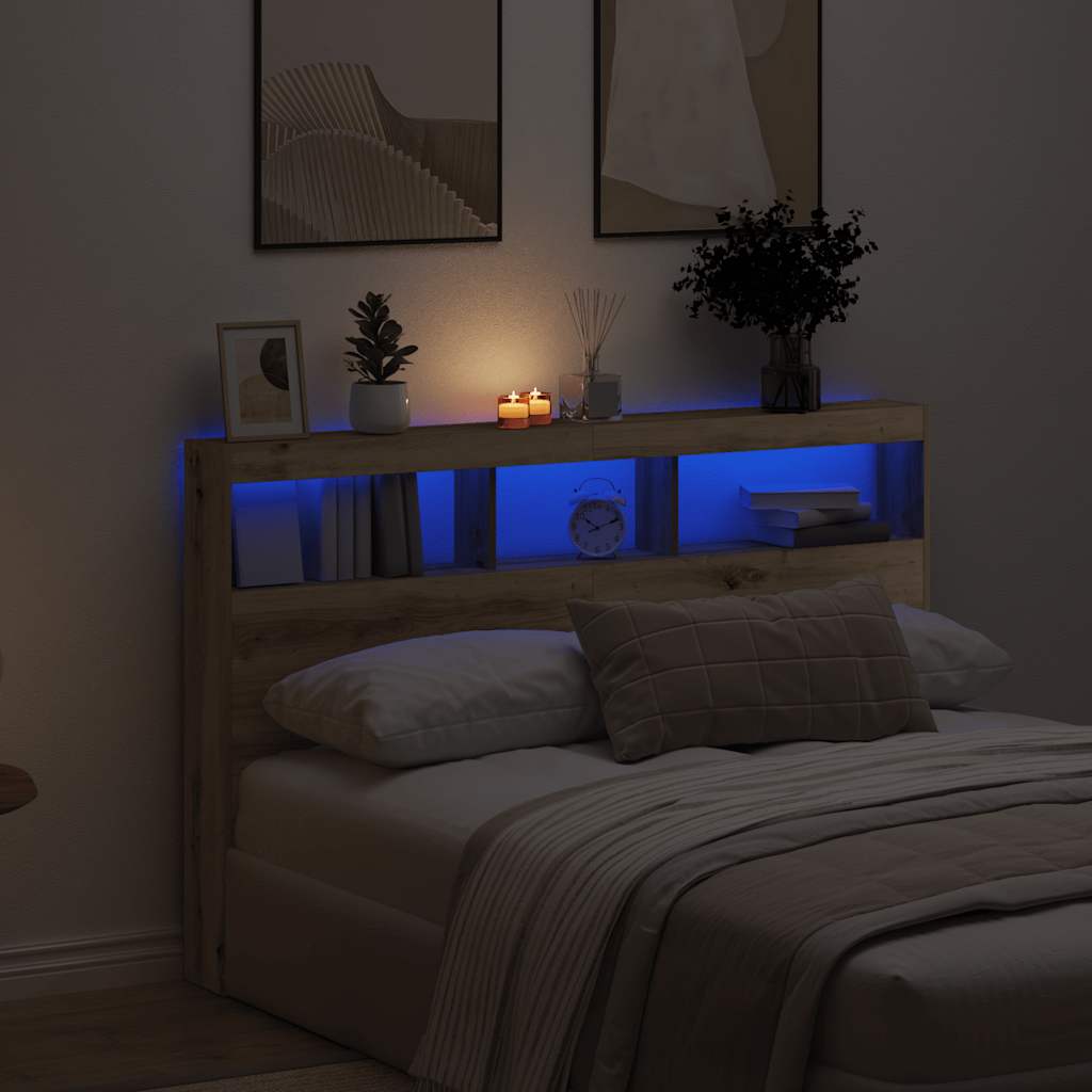 vidaXL Zagłówek z półkami i LED, dąb artisan, 160x17x102 cm