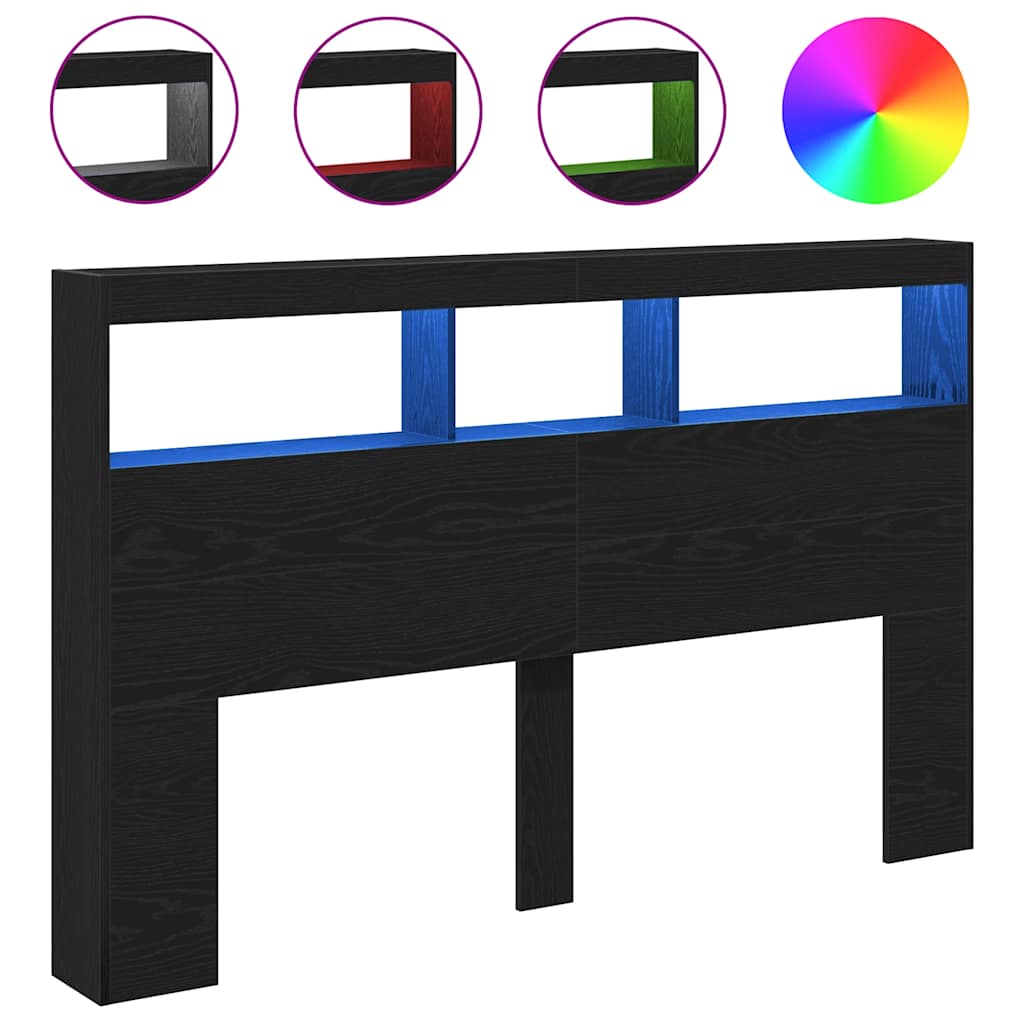 vidaXL Zagłówek z półkami i LED, czarny dąb, 160x17x102 cm