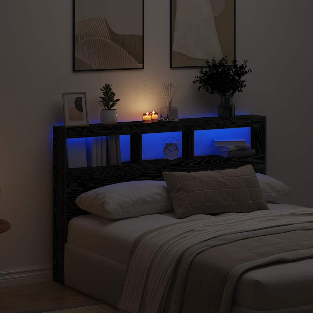 vidaXL Zagłówek z półkami i LED, czarny dąb, 160x17x102 cm