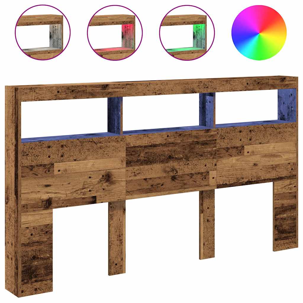vidaXL Zagłówek z półkami i LED, stare drewno, 180x17x102 cm