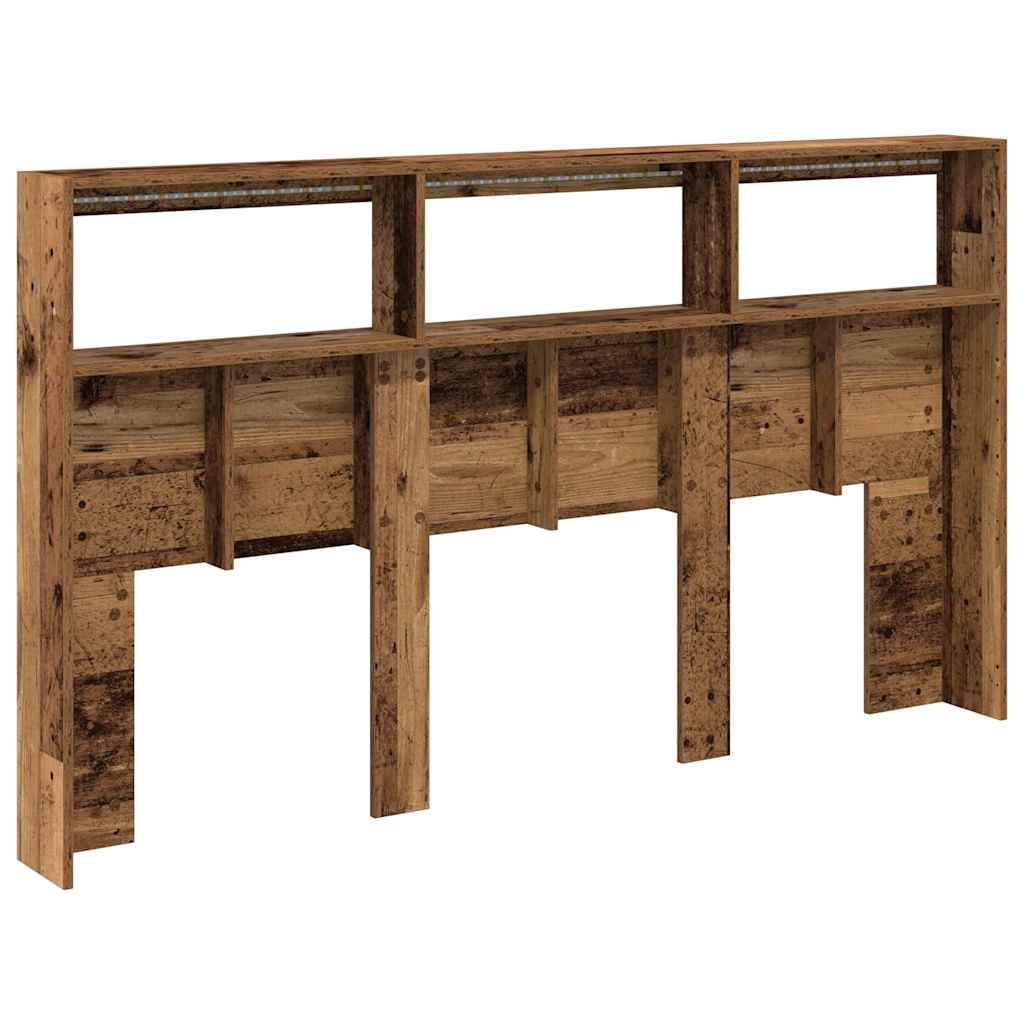 vidaXL Zagłówek z półkami i LED, stare drewno, 180x17x102 cm