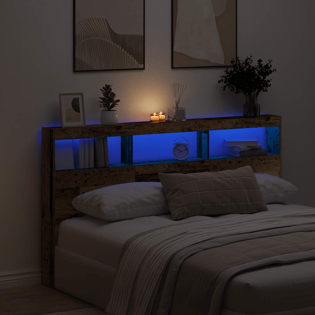 vidaXL Zagłówek z półkami i LED, stare drewno, 180x17x102 cm