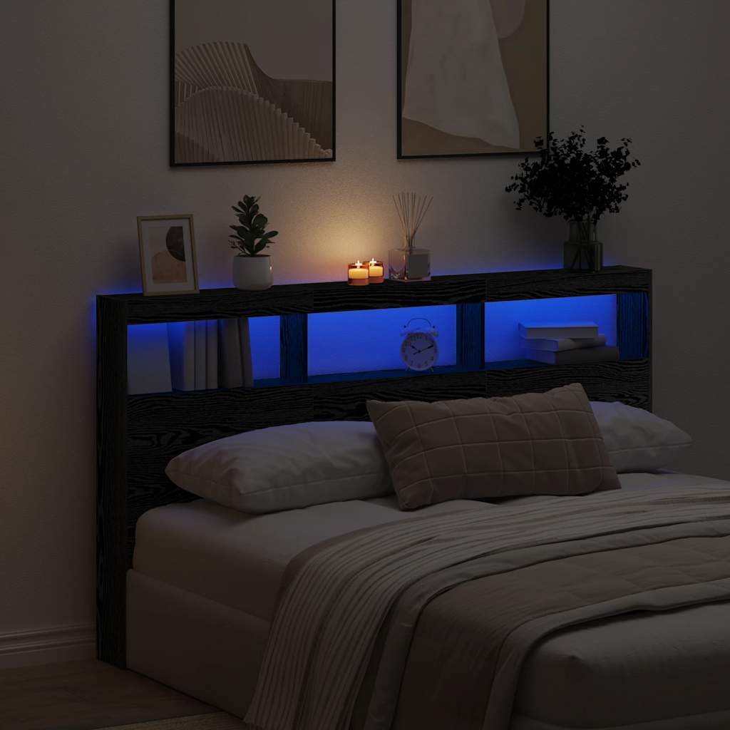 vidaXL Zagłówek z półkami i LED, czarny dąb, 180x17x102 cm