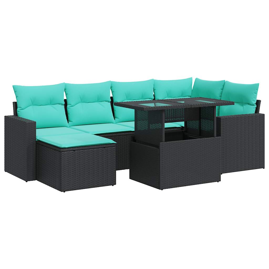 vidaXL 7-cz. zestaw mebli z poduszkami, czarny, polirattan i akacja