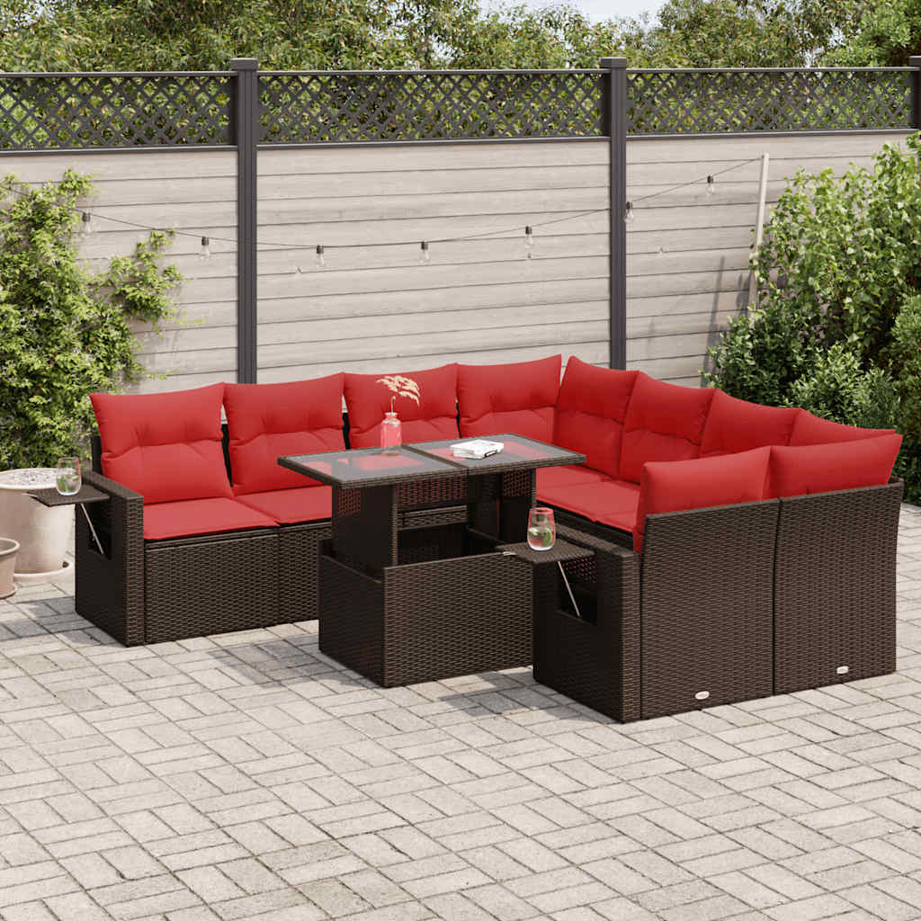 vidaXL 9-cz. zestaw mebli z poduszkami, brązowy, polirattan i akacja
