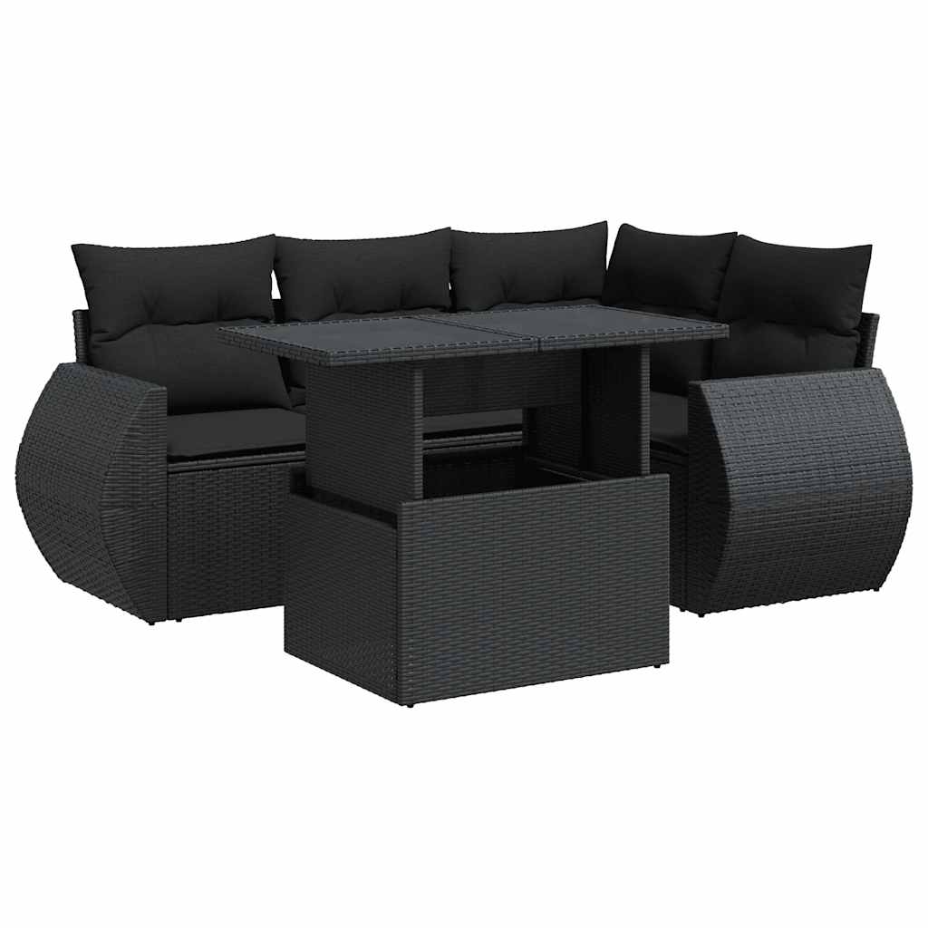 vidaXL 5-cz. zestaw wypoczynkowy do ogrodu, poduszki, czarny rattan PE
