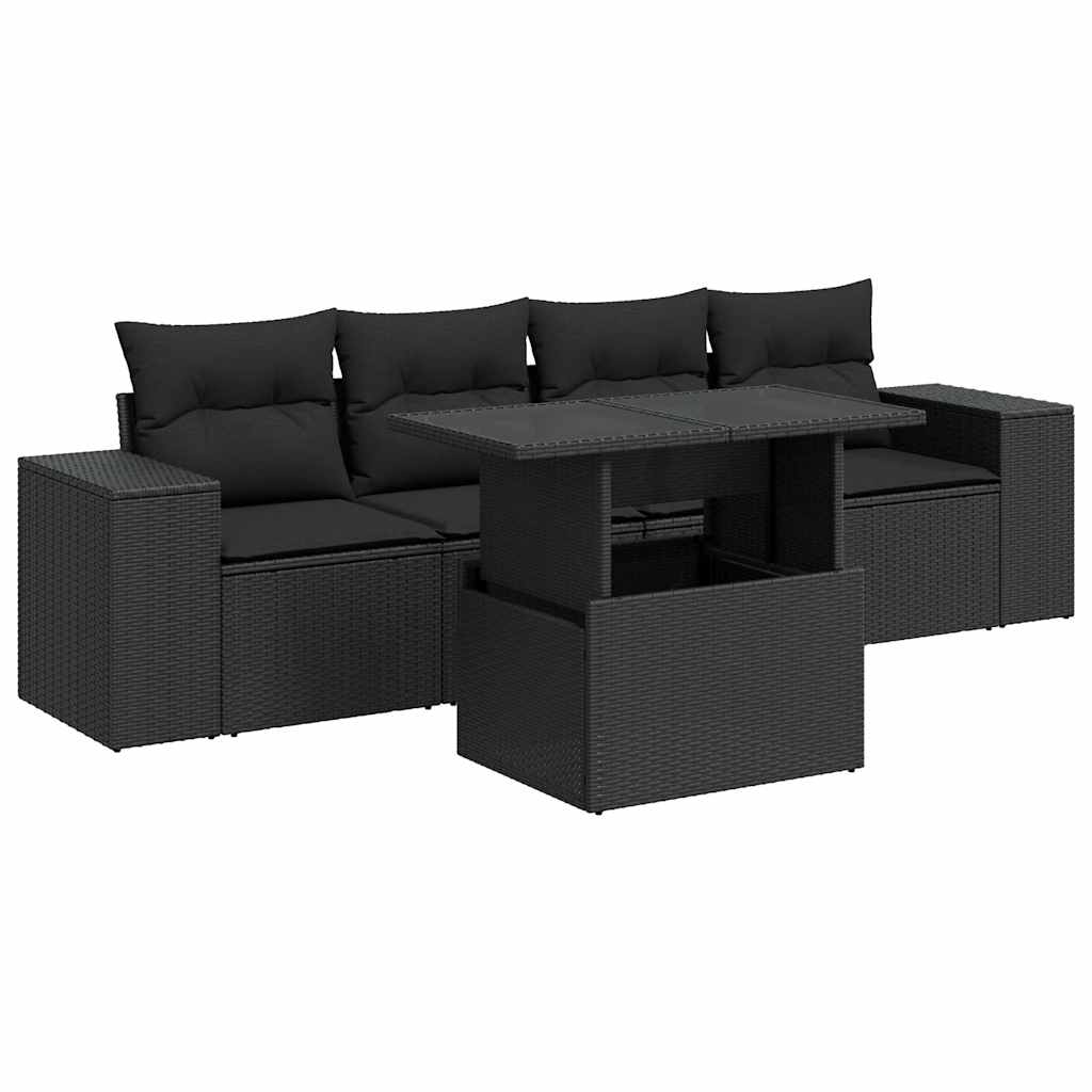 vidaXL 5-cz. zestaw wypoczynkowy do ogrodu, poduszki, czarny rattan PE