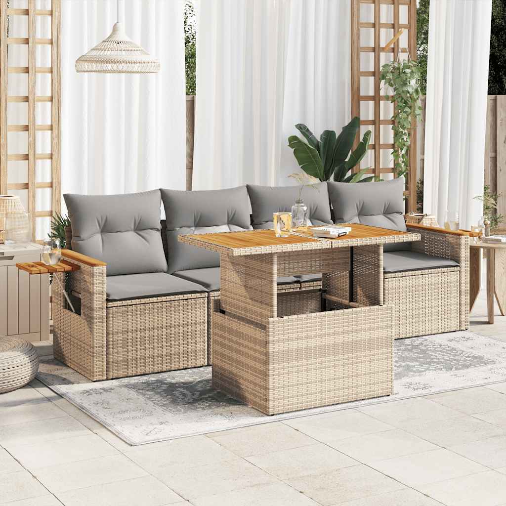vidaXL 5-cz. zestaw mebli z poduszkami, beżowy, rattan PE i akacja