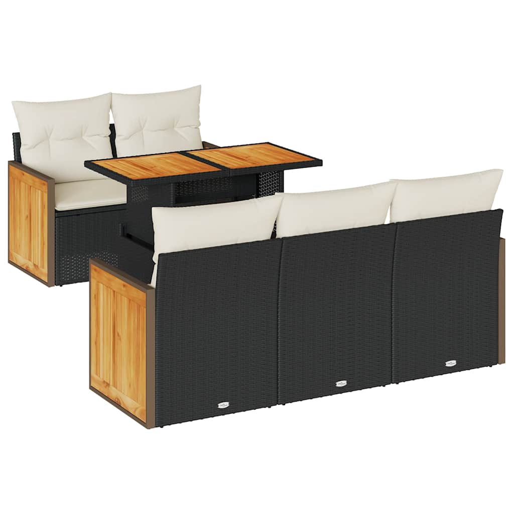 vidaXL 6-cz. zestaw mebli z poduszkami, czarny, polirattan i akacja