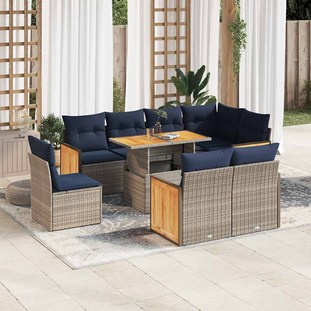 vidaXL 9-cz. zestaw mebli z poduszkami, szary, polirattan i akacja