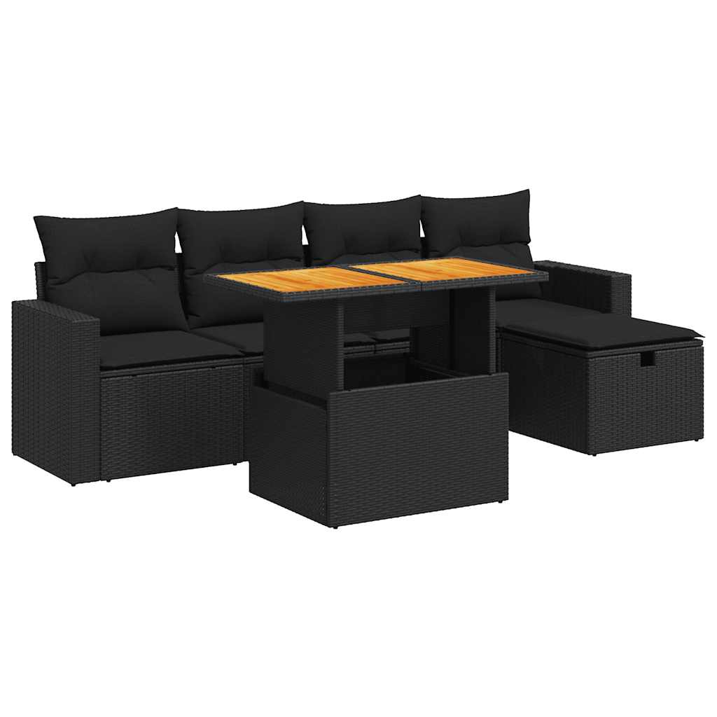 vidaXL 6-cz. zestaw mebli z poduszkami, czarny, polirattan i akacja