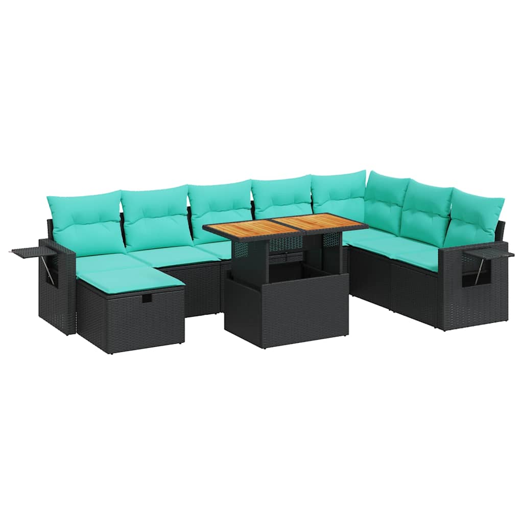 vidaXL 9-cz. zestaw mebli z poduszkami, czarny, polirattan i akacja