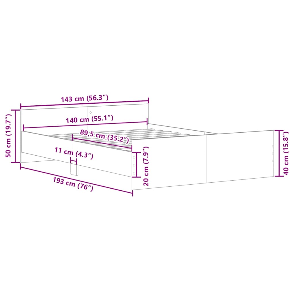 vidaXL Rama łóżka bez materaca Stare drewno 140x190cm Drewno klejone