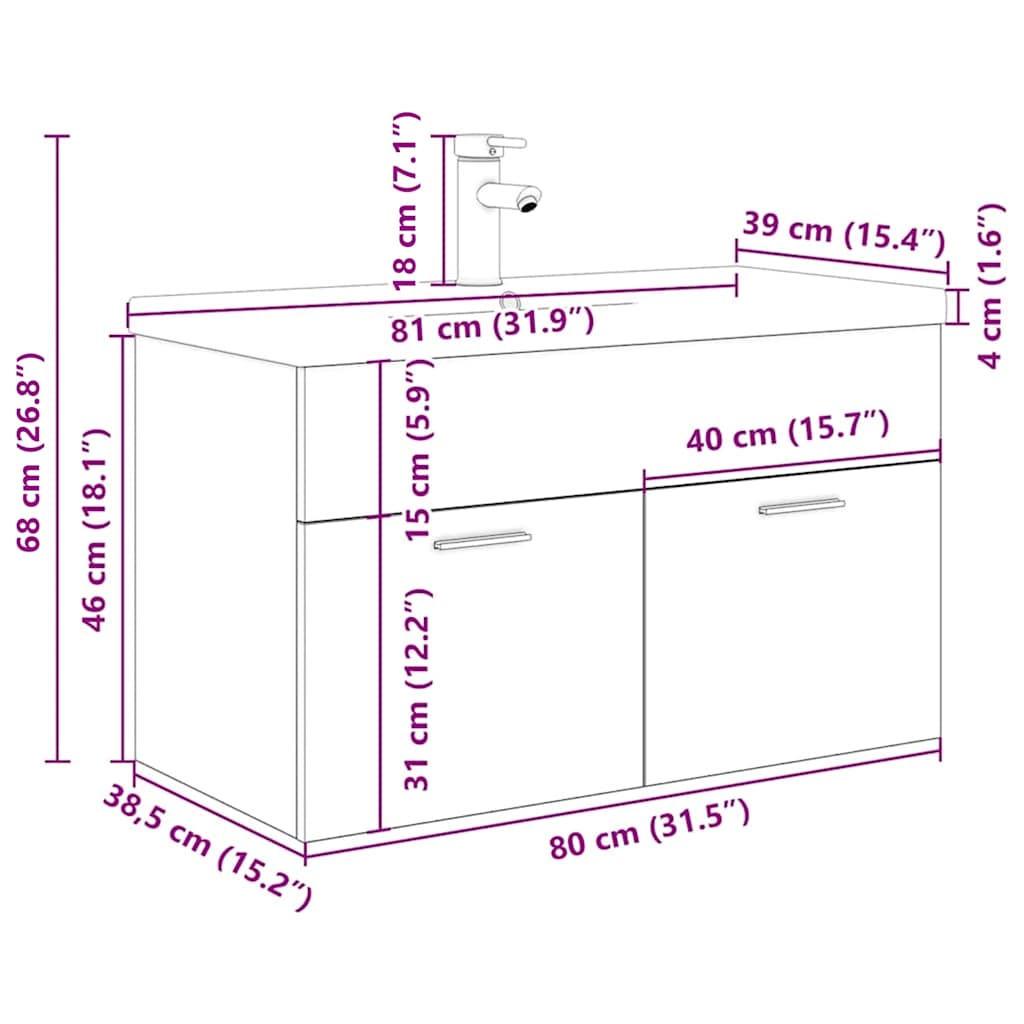 vidaXL Szafka pod umywalkę z wbudowaną umywalką i baterią Stare drewno