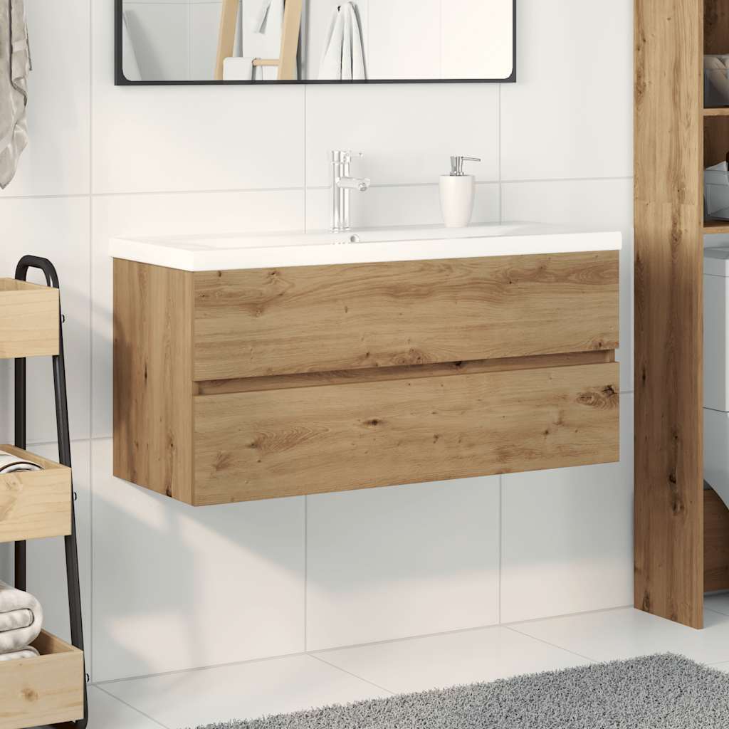 vidaXL Szafka pod umywalkę z wbudowaną umywalką i baterią dąb artisan