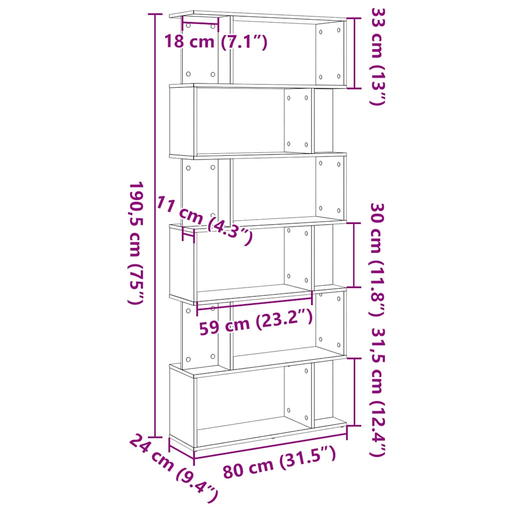 vidaXL Regał biblioteczny Czarny Dąb 80x24x190,5 cm Drewno klejone
