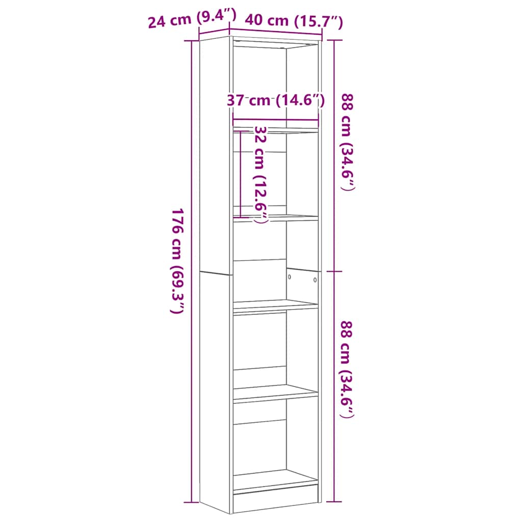 vidaXL Regał biblioteczny Czarny Dąb 40x24x176 cm Drewno klejone