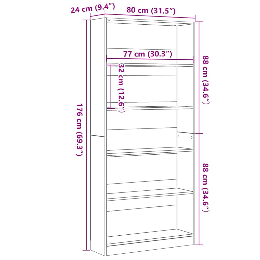 vidaXL Regał biblioteczny Czarny Dąb 80x24x176 cm Drewno klejone