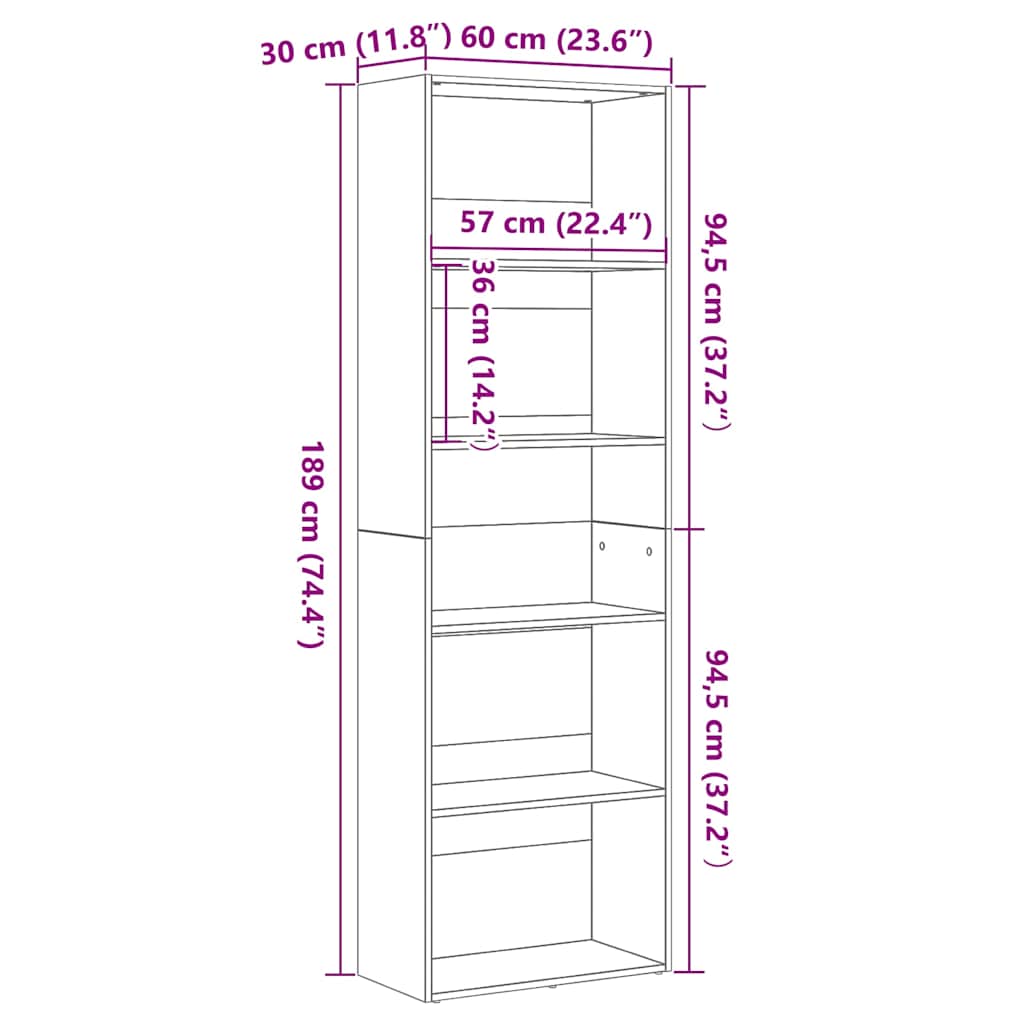 vidaXL Regał biblioteczny Czarny Dąb 60x30x189 cm Drewno klejone