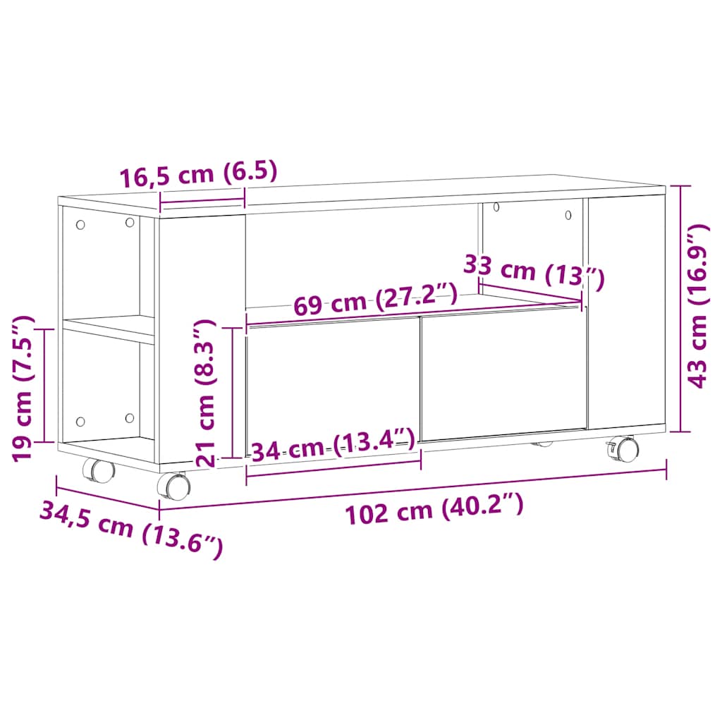 vidaXL Szafka pod TV z kółkami, czarny dąb, 102x34,5x43 cm