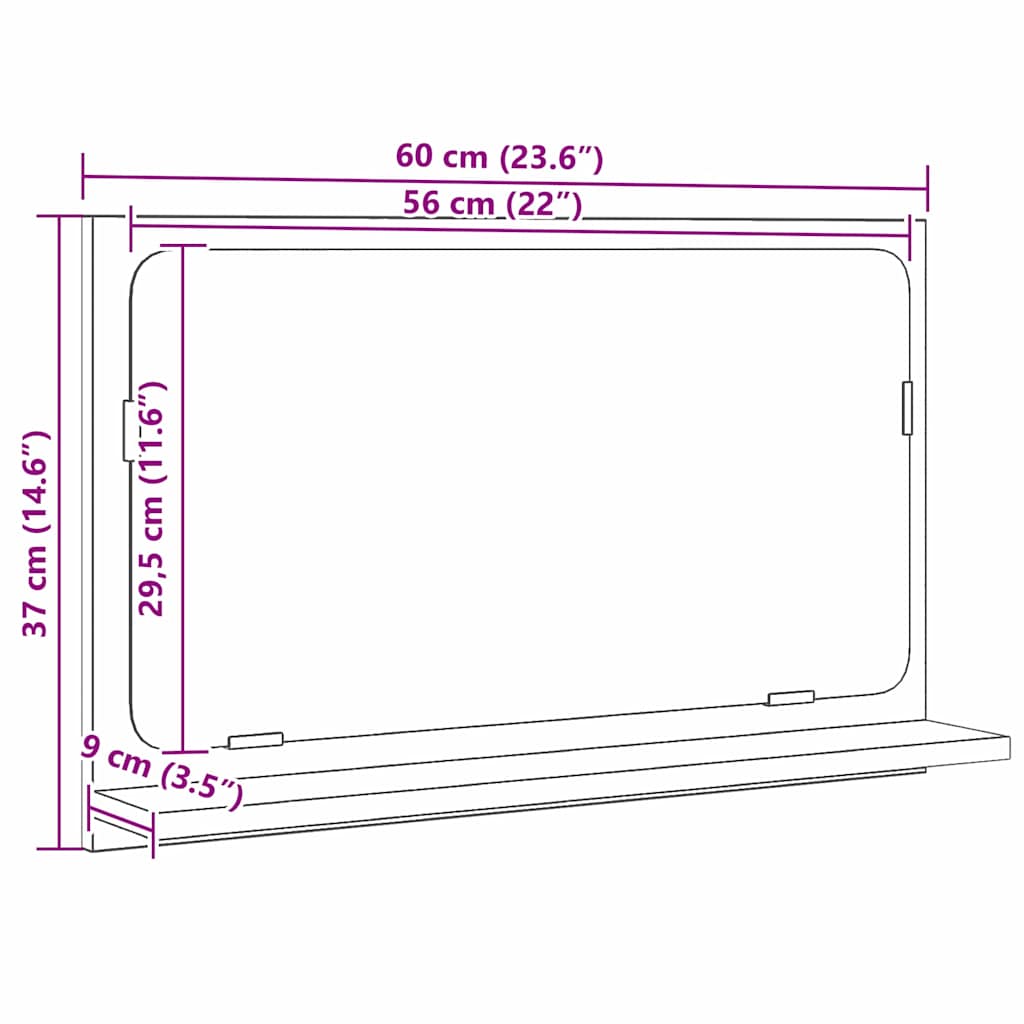 vidaXL Półka z lustrem z półką Z lustrem Czarny Dąb 60 x 10,5 x 37 cm