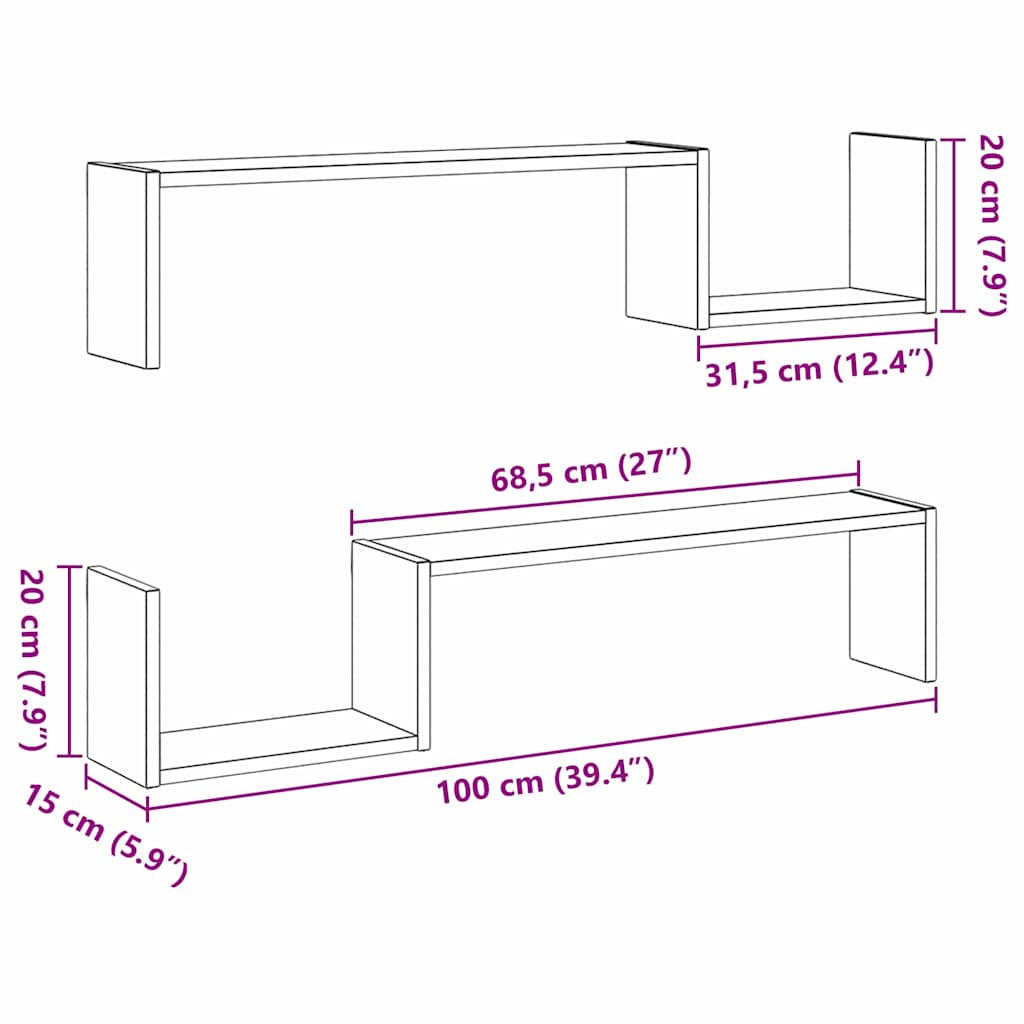 vidaXL Półka ścienna z półką 2 pcs Czarny Dąb 100 x 15 x 20 cm