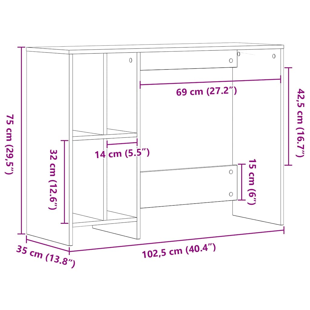 vidaXL Biurko Czarny Dąb 102,5 x 35 x 75 cm Materiał drewnopochodny
