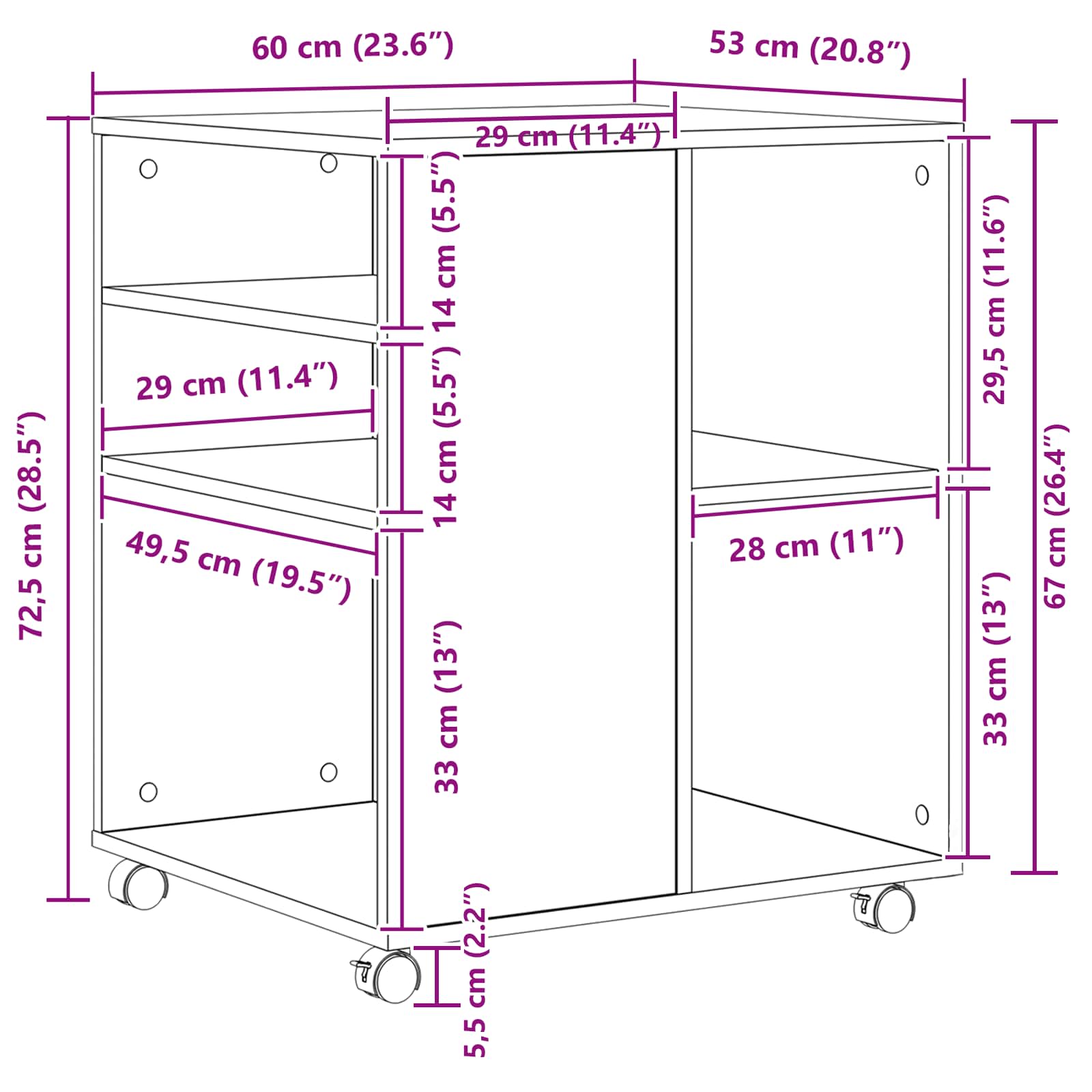 vidaXL Szafka do przechowywania z kołem Czarny Dąb 60 x 53 x 72,5 cm