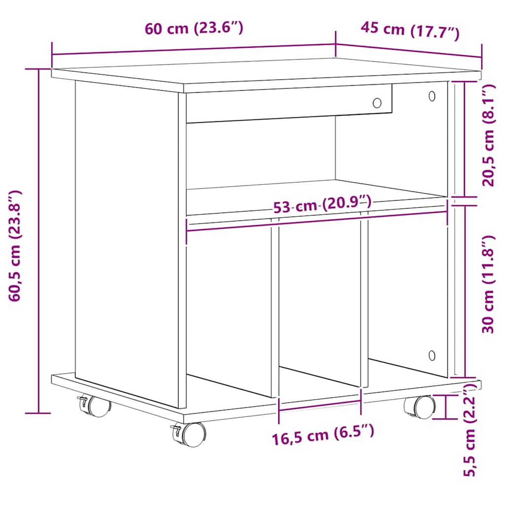 vidaXL Rolkowa szafka z kołem Czarny Dąb 60 x 45 x 55 cm