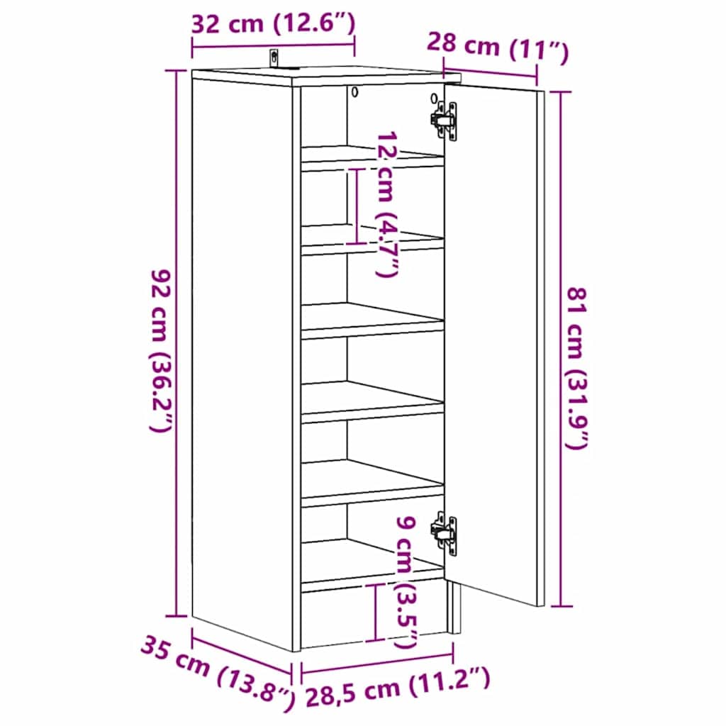 vidaXL Szafka na buty z półką z drzwiami Czarny Dąb 32 x 35 x 92 cm