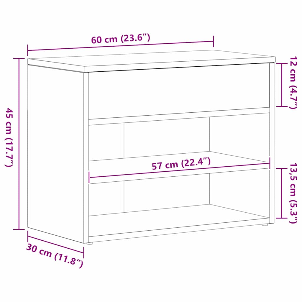 vidaXL Ławka na buty z półką Czarny Dąb 60 x 30 x 45 cm