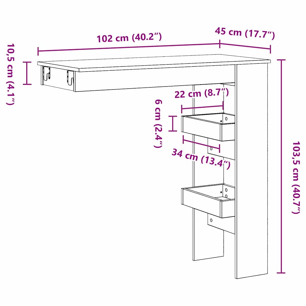 vidaXL Stół Barowy Ścienny z półką Czarny Dąb 102 x 45 x 103,5 cm