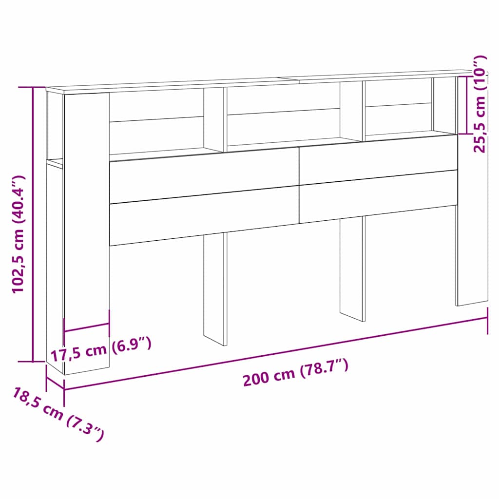 vidaXL Szafka z zagłówkiem z półką Czarny Dąb 200 x 18,5 x 102,5 cm
