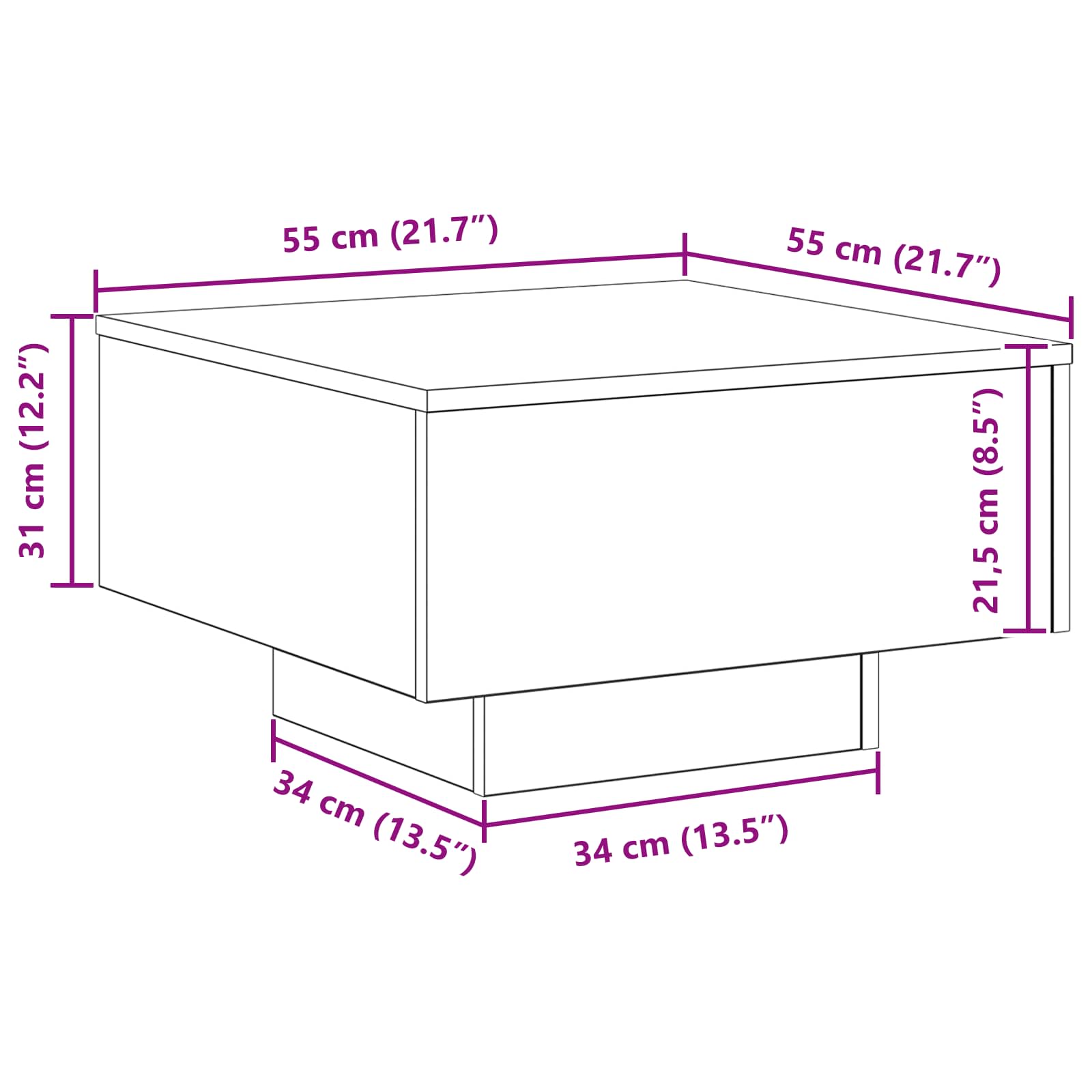 vidaXL Stolik kawowy Ze LED Lights Czarny Dąb 55 x 55 x 31 cm