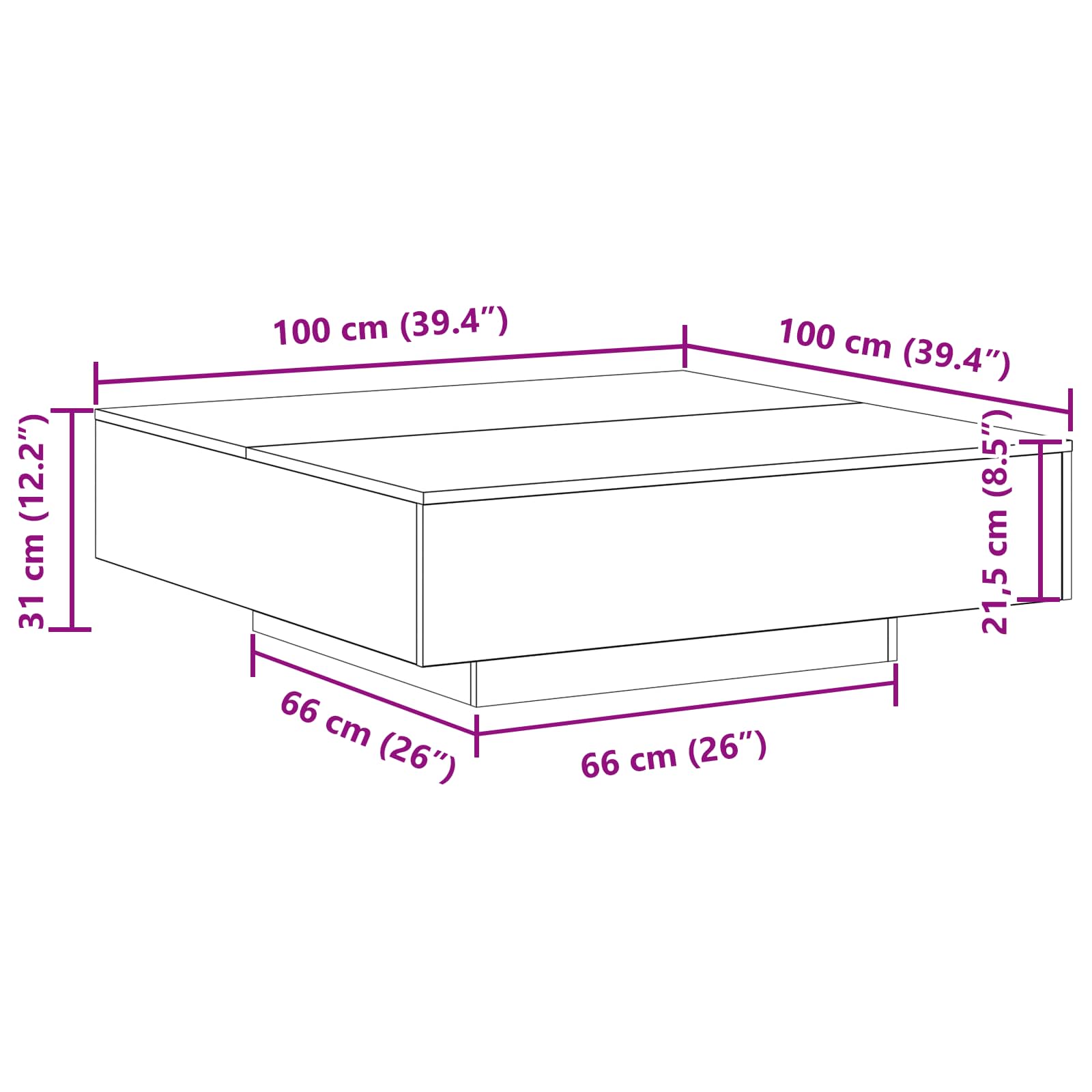 vidaXL Stolik kawowy Ze LED Lights Czarny Dąb 100 x 100 x 31 cm
