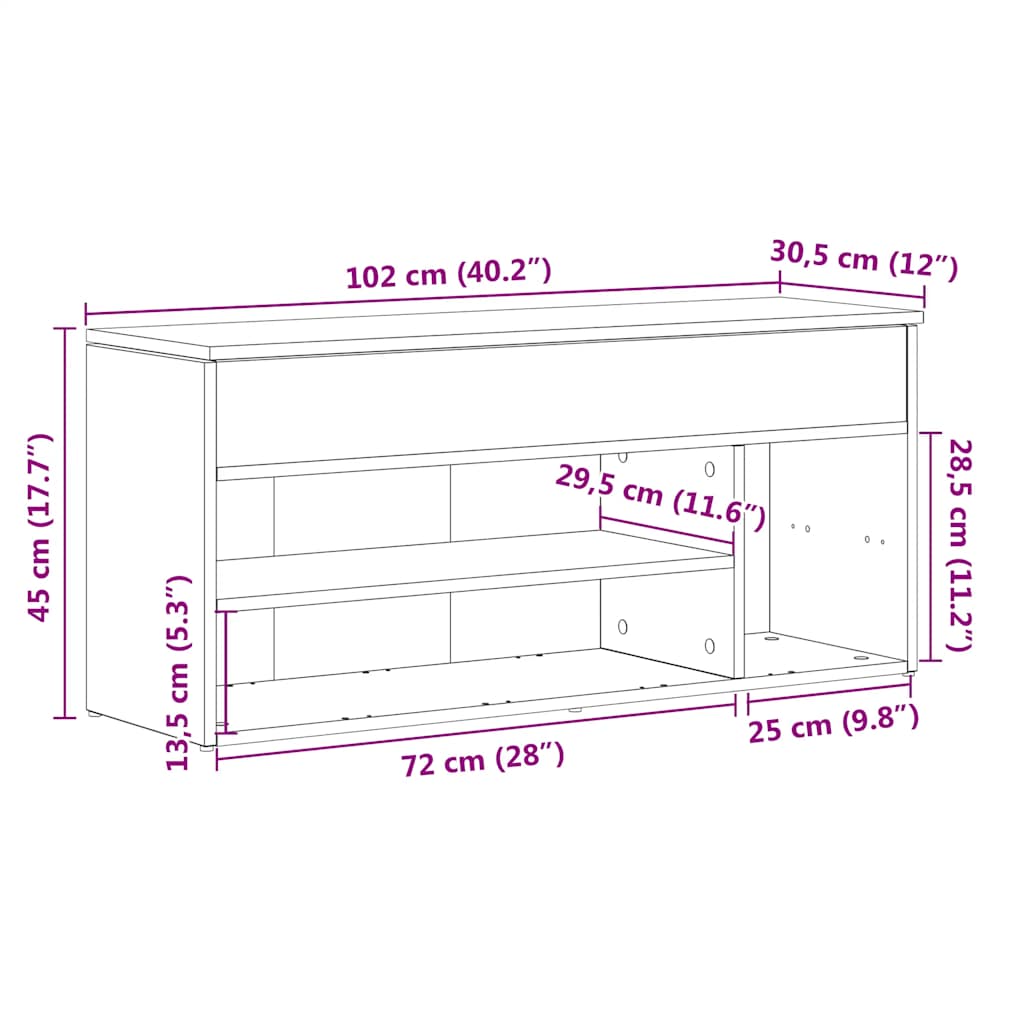vidaXL Ławka na buty Czarny dąb 102x30,5x45 cm Drewno klejone