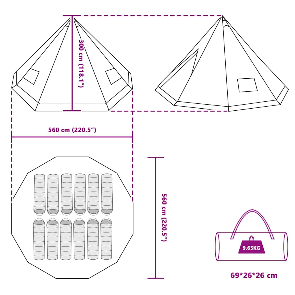 vidaXL Namiot Tipi z dachem Niebieski 560 x 560 x 300 cm tafta