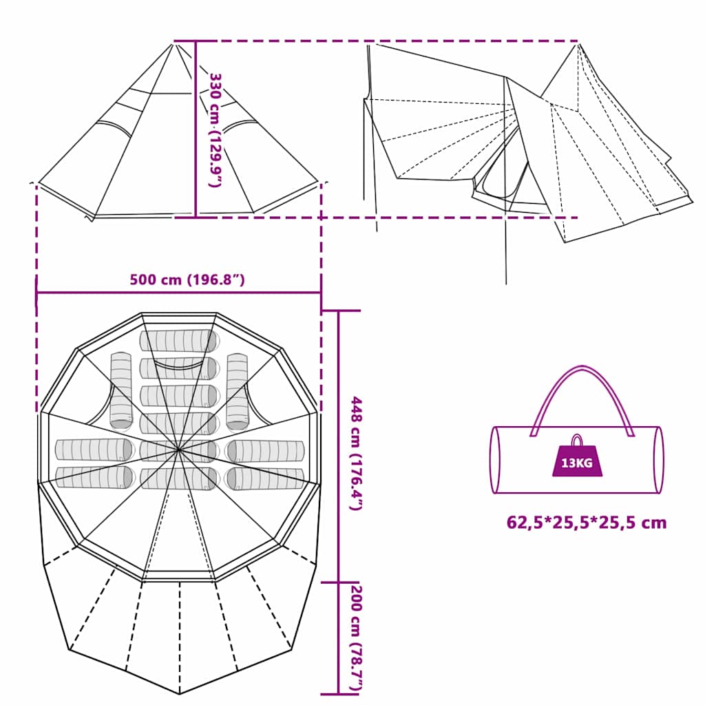 vidaXL Namiot Tipi z dachem Niebieski 510 x 690 x 330 cm tafta
