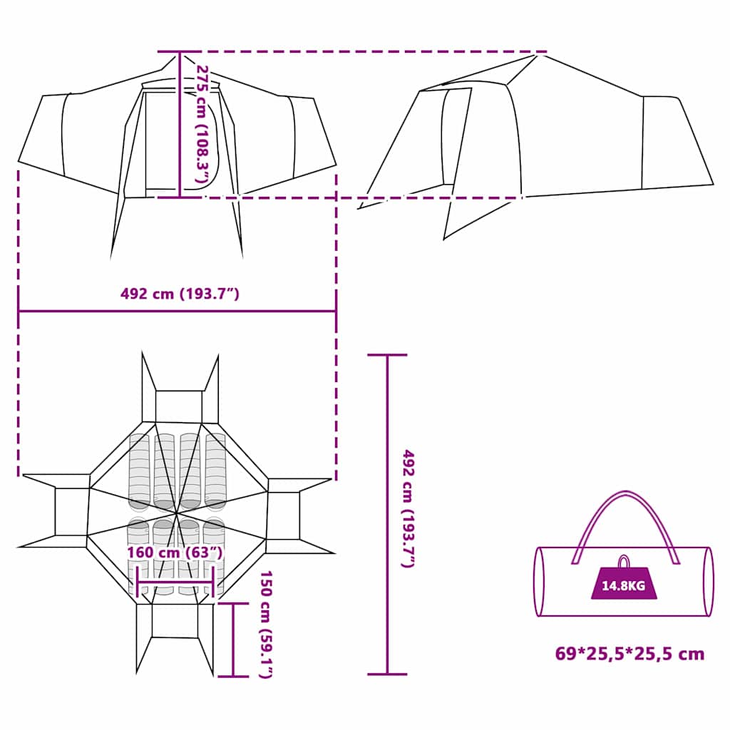 vidaXL Namiot Tipi z dachem Niebieski 492 x 492 x 275 cm tafta