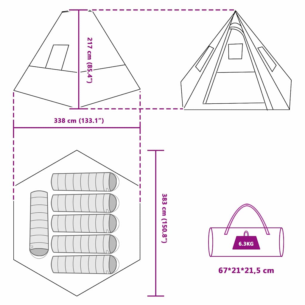 vidaXL Namiot Tipi z dachem Niebieski 383 x 338 x 217 cm tafta