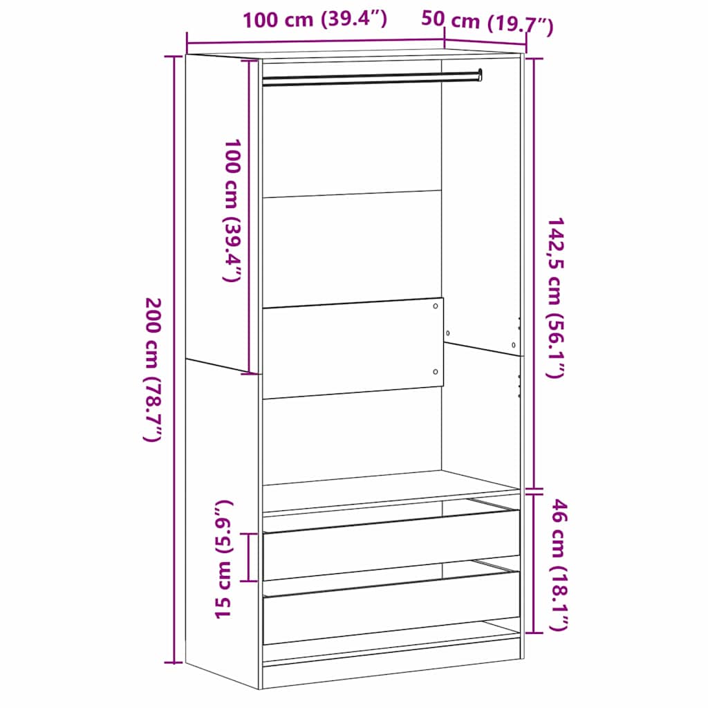vidaXL Garderoba Czarny Dąb 100 x 50 x 200 cm Materiał drewnopochodny