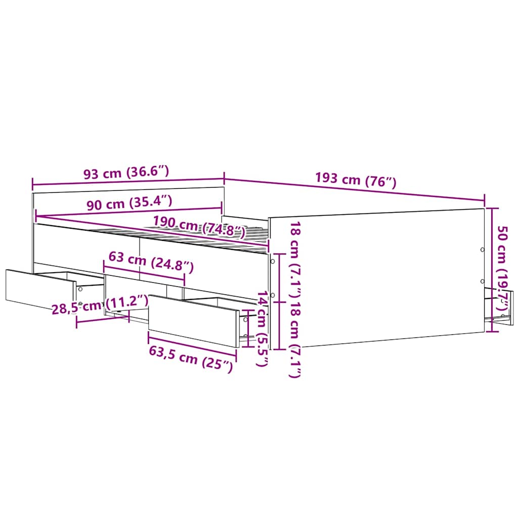 vidaXL Ramka łóżka Czarny Dąb 193 x 93 x 50 cm Materiał drewnopochodny