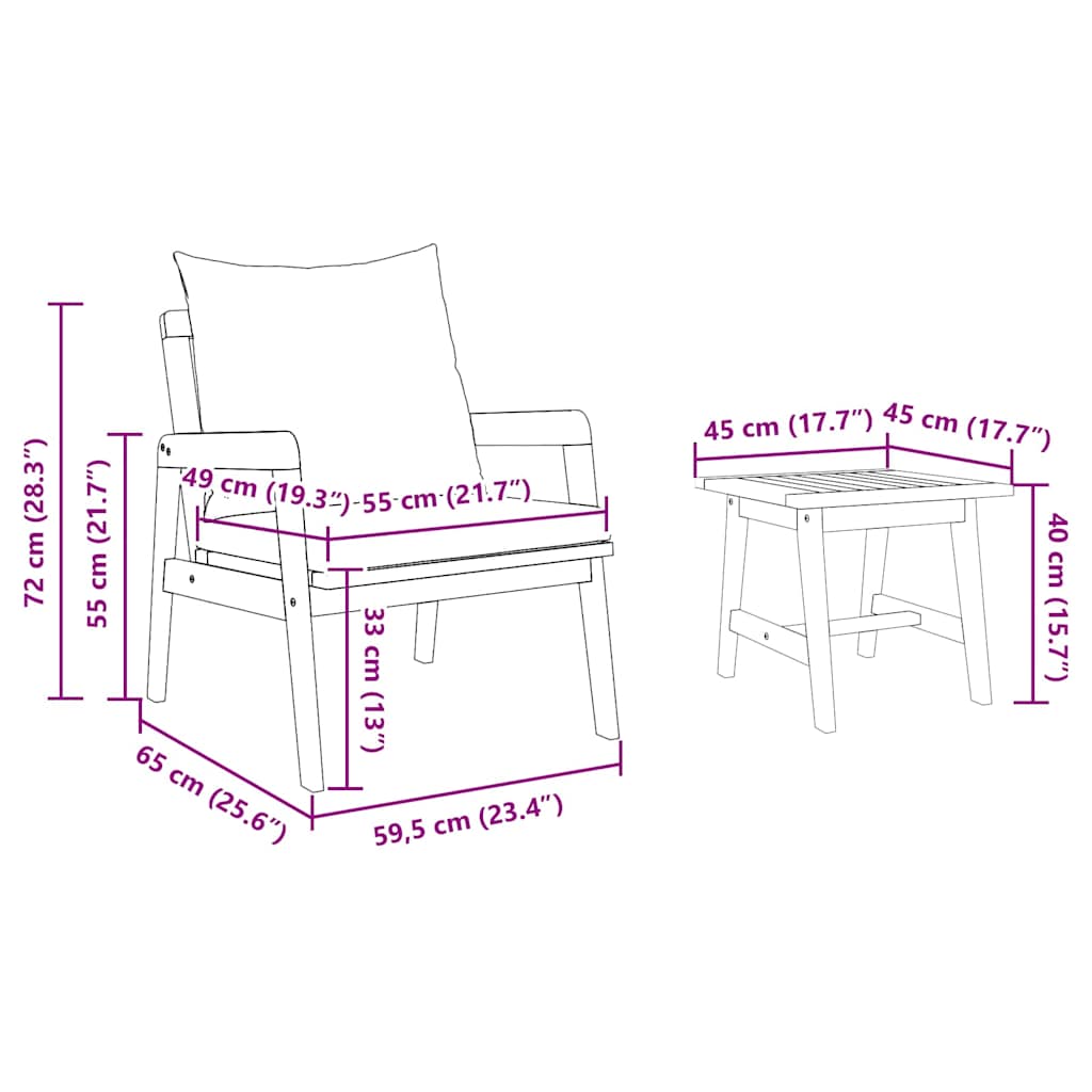 vidaXL Zestaw bistro z poduszką 3 pcs Brązowy Lite Drewno Akacji