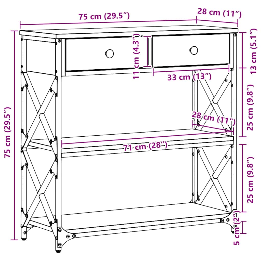 vidaXL Stół Konsolowy z szufladą z półką Stare drewno 75 x 28 x 75 cm