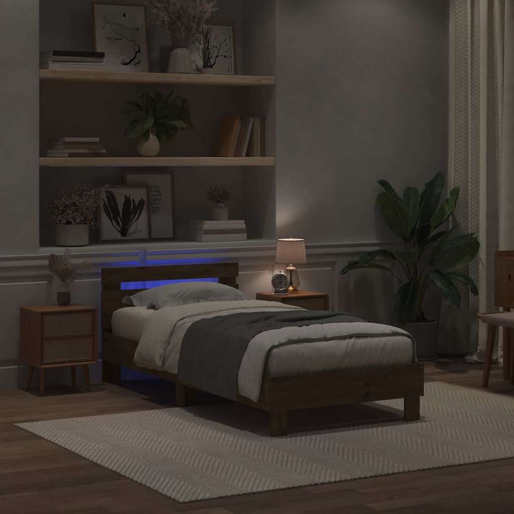 vidaXL Ramka łóżka z LED Z zagłówkiem Dąb rzemieślniczy 90 x 200 cm