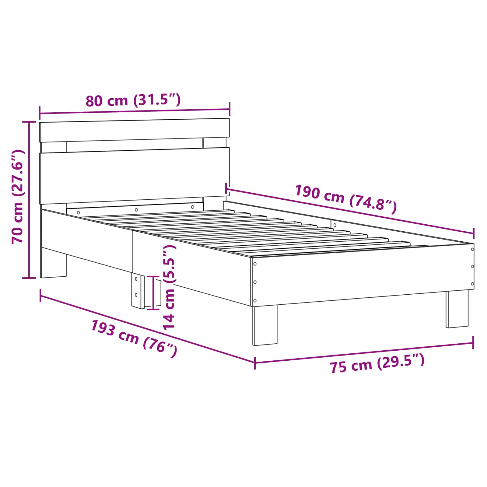 vidaXL Ramka łóżka z LED Z zagłówkiem Dąb rzemieślniczy 75 x 190 cm