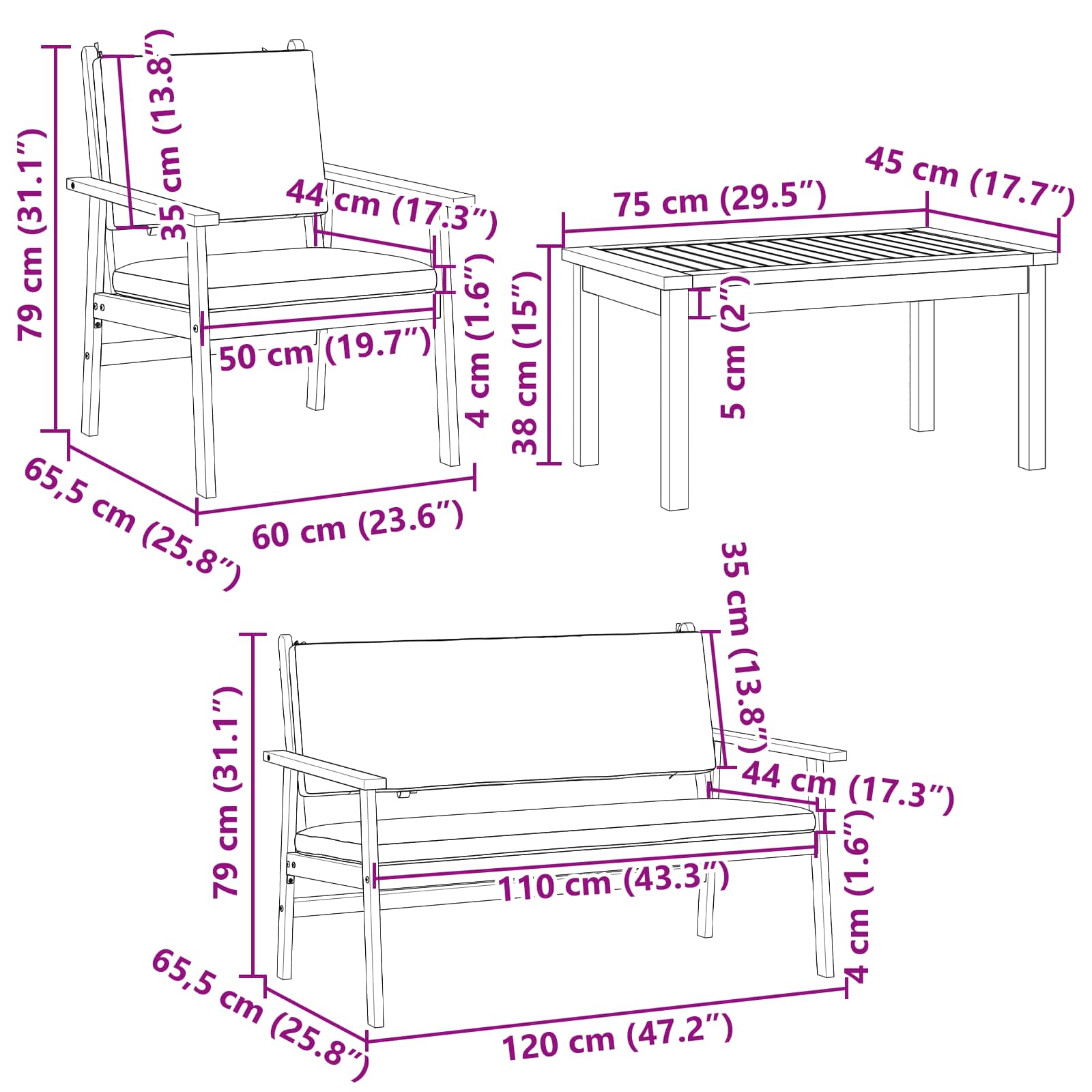vidaXL Zestaw Sof na Ogród 4 pcs Brązowy 120 x 65,5 x 79 cm