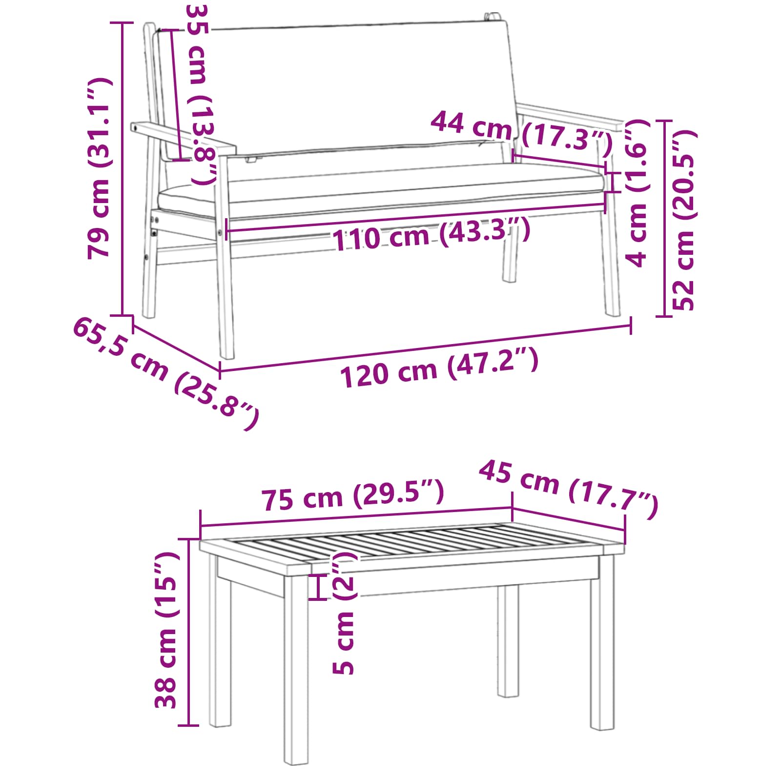 vidaXL Zestaw Sof na Ogród 3 pcs Brązowy 120 x 65,5 x 79 cm
